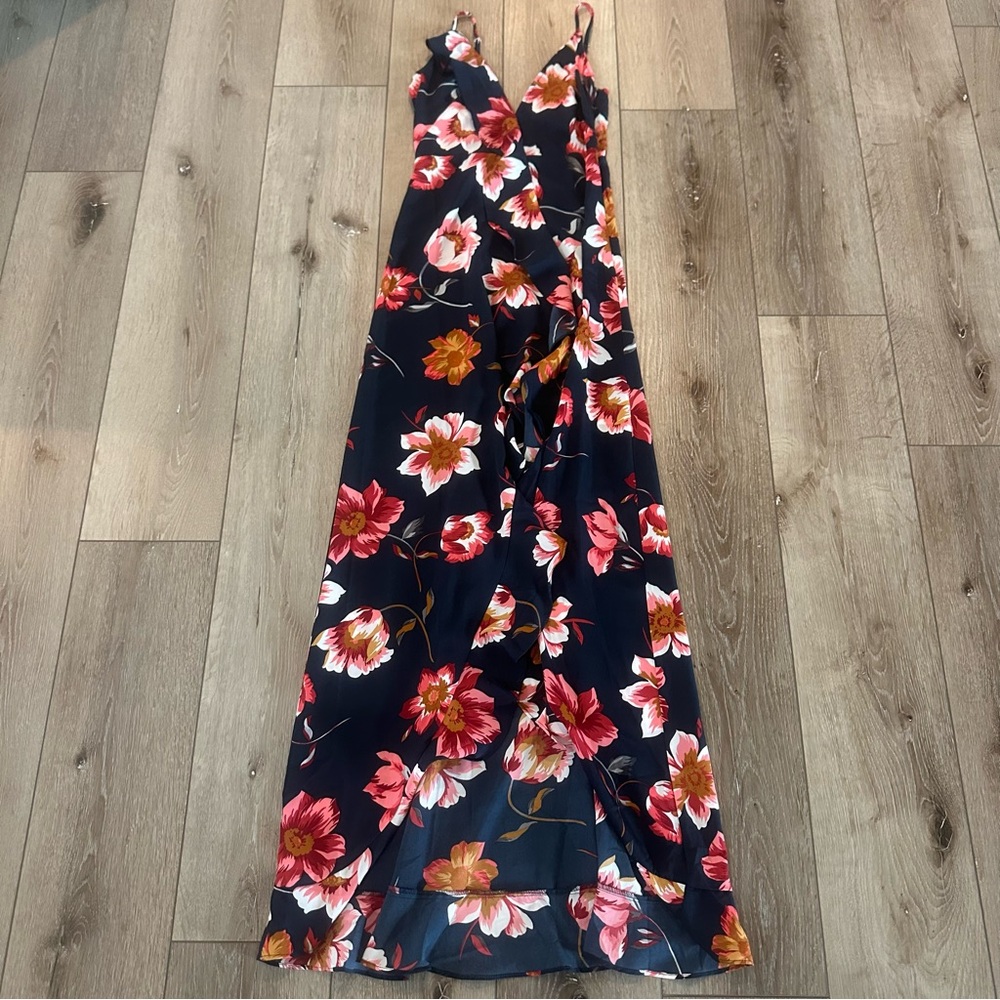 NWOT Vici Floral Sleeveless Dress Flowy Ruffle Maxi Dress Navy Blue Pink Red XS